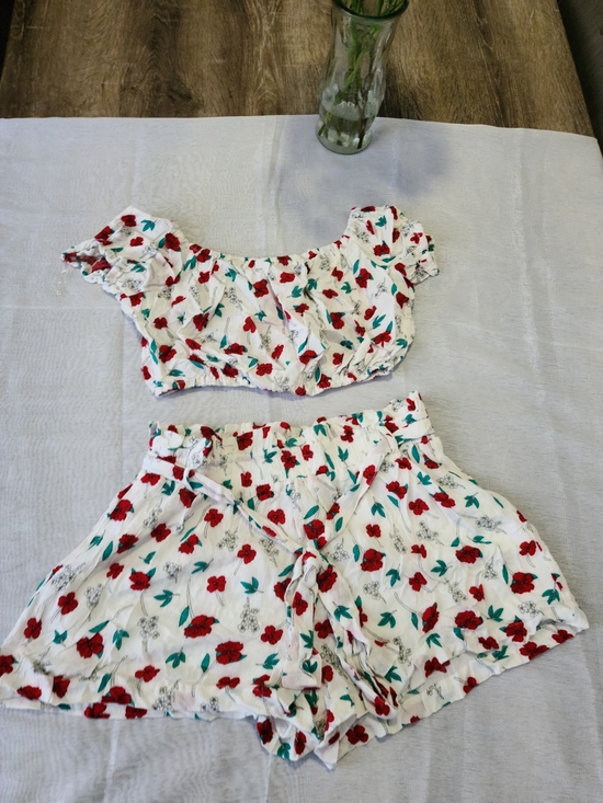 FAVLUX Pants - FAVLUX White Floral Ruffle Crop Top & Red Floral Shorts Set